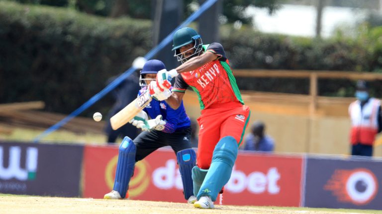 Kenya's Batsman Rakep Patel play's a delivery away from Nepal Wicketkeeper Arjun Saud (left) on August 28th 2022 during Nepal Tour to Kenya Third T20 match at Nairobi Gymkhana ground: Photo/CHRIS OMOLLO