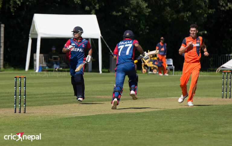 The 118 runs partnership for fourth wicket between Paras Khadka and Sagar Pun against Netherlands. Photo: Rajesh KC/Cricnepal