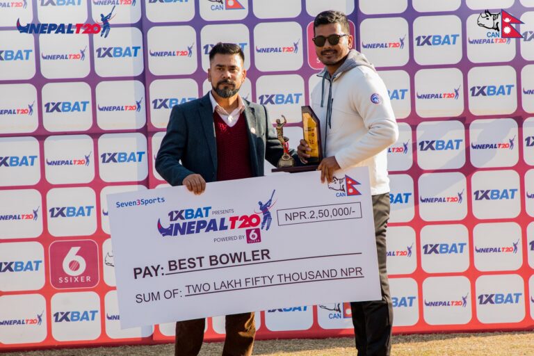 Abinash Bohara was adjudged Best Bowler of Nepal T20 Leauge 2022/23. Photo: CAN