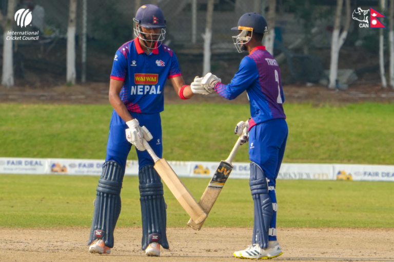 Aakash Tripathi & Dev Khanal bats againST UAE U19. Photo: ICC/CAN.