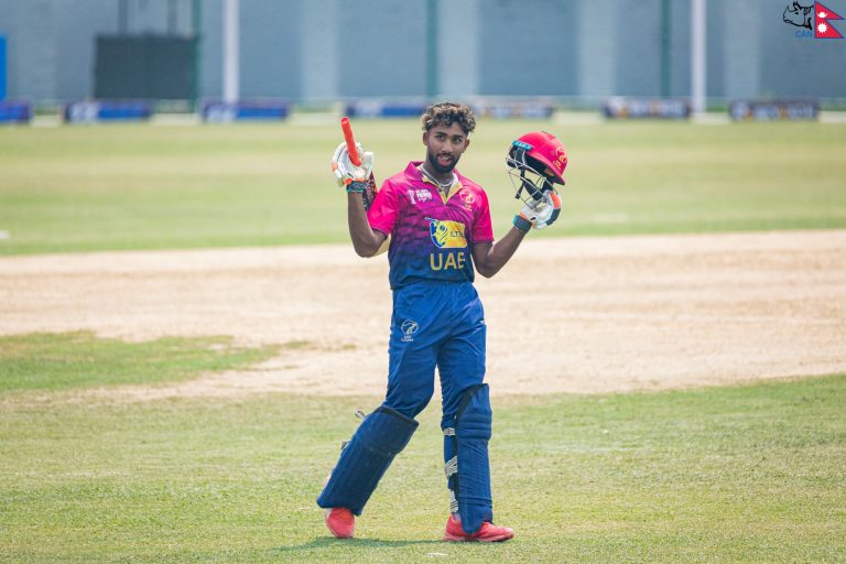 Vriitya Aravind scores a century against Kuwait in ACC Premier Cup 2023.