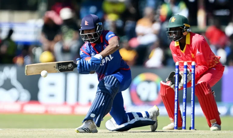 Aasif Sheikh plays a sweep against Zimbabwe