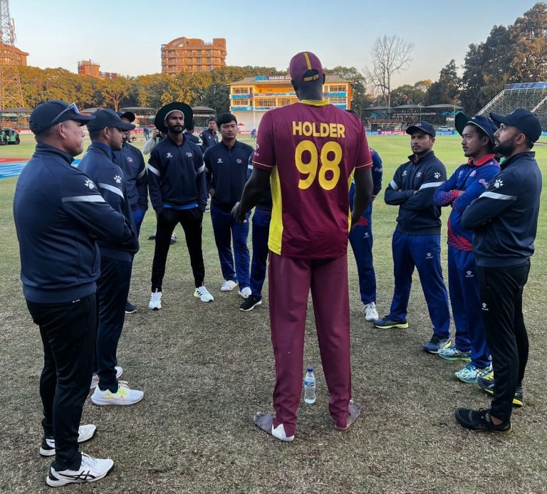 Jason Holder sharing some words with Nepalese players after Nepal vs West Indies