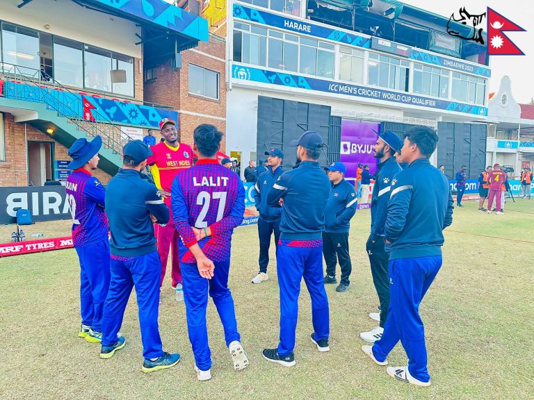 Jason Holder sharing some words with Nepali players after Nepal vs West Indies
