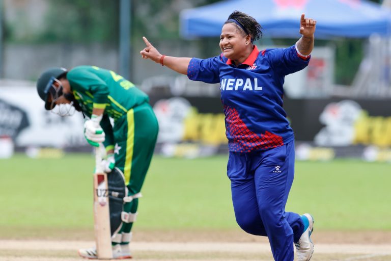 Kabita Joshi celebrates a wicket against Pakistan A