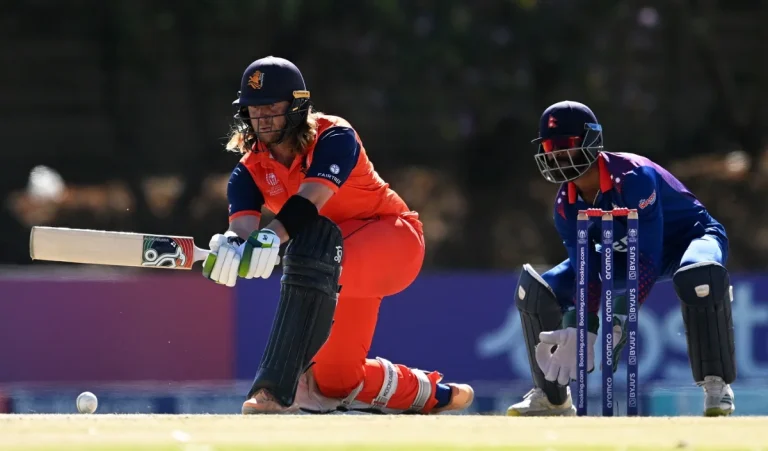 Max O'Dowd of the Netherlands plays a shot during the ICC Men's Cricket World Cup Qualifier Zimbabwe 2023 match between the Netherlands and Nepal at Takashinga Cricket Club on June 24, 2023 in Harare, Zimbabwe.