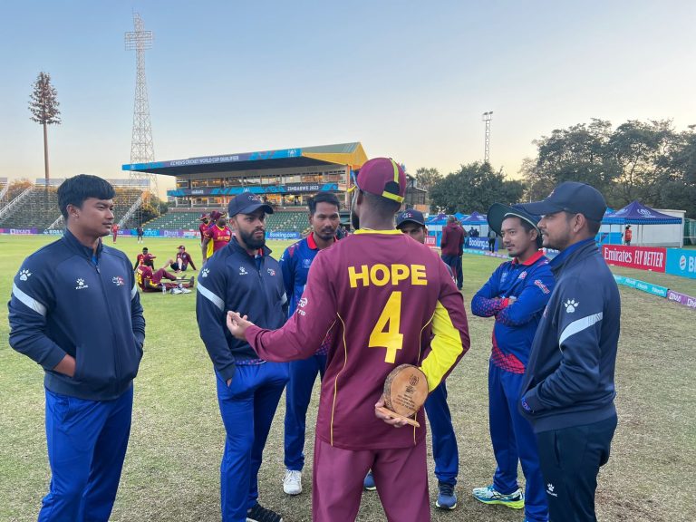 Shai Hope sharing some words with Nepalese players after Nepal vs West Indies