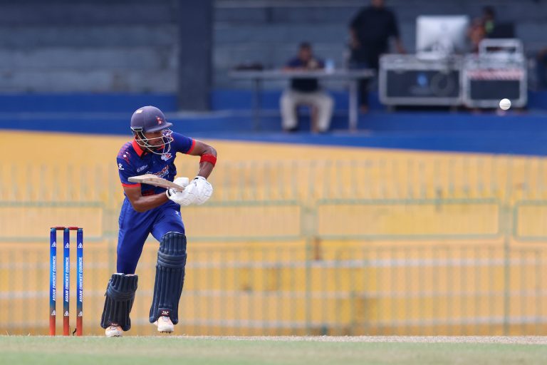 Dev Khanal of Nepal during the ACC Men's Emerging Teams Asia Cup 2023 cricket match between India A and Nepal at the R. Premadasa International Cricket Stadium, Colombo, Sri Lanka on July 17, 2023.
Photo by: Deepak Malik / Creimas / Asian Cricket Council