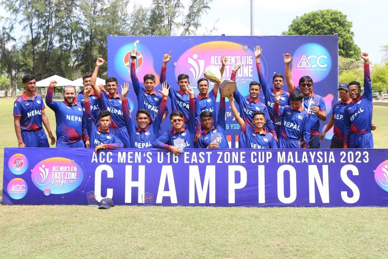 KUALA LUMPUR,MALAYSIA - JULY 04: Images from the ACC Men's U16 East Zone Cup 2023 final match between Nepal and Malaysia at the YSD UKM Oval in Malaysia on the 04th July 2023. Photo by Peter Lim / PhotoDesk.com.my for Asian Cricket Council