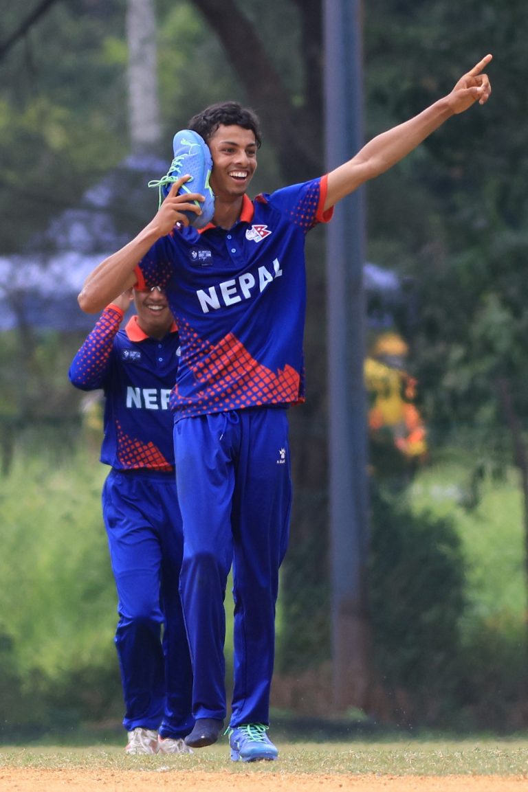 Pratik Pokharel's celebration after picking up a wicket in ACC Men's U16 East Zone Cup