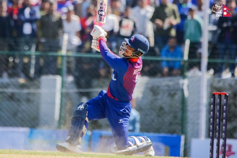 Kushal Malla smashed 34-ball 65 runs including 7 sixes against Malaysia in the ICC T20 WCQ 2023 in Kathmandu. Photo: CAN