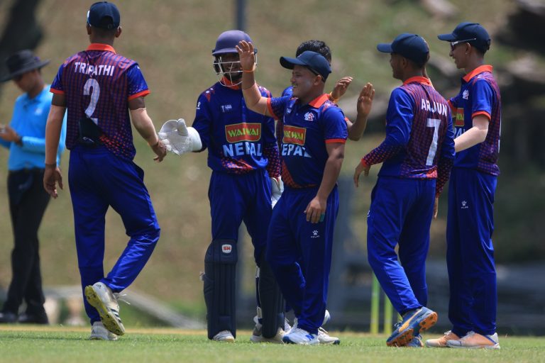 Nepal U19 team celebrate a wicket against Iran U19 in ACC U19 Premier cup