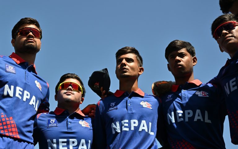 EAST LONDON, SOUTH AFRICA - JANUARY 21: Players of Nepal huddle during the ICC U19 Men's Cricket World Cup South Africa 2024 match between New Zealand and Nepal at Buffalo Park on January 21, 2024 in East London, South Africa. (Photo by Johan Rynners-ICC/ICC via Getty Images)