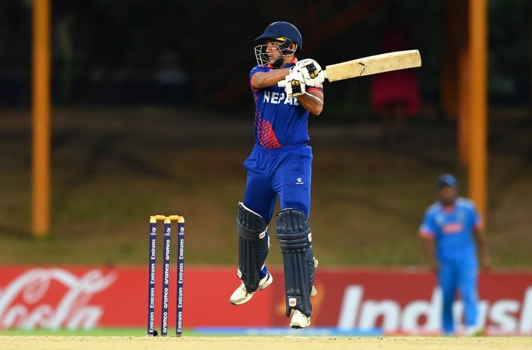 BLOEMFONTEIN, SOUTH AFRICA - FEBRUARY 02: Akash Chand of Nepal plays a shot during the ICC U19 Men's Cricket World Cup South Africa 2024 Super Six match between India and Nepal at Mangaung Oval on February 02, 2024 in Bloemfontein, South Africa. (Photo by Alex Davidson-ICC/ICC via Getty Images)