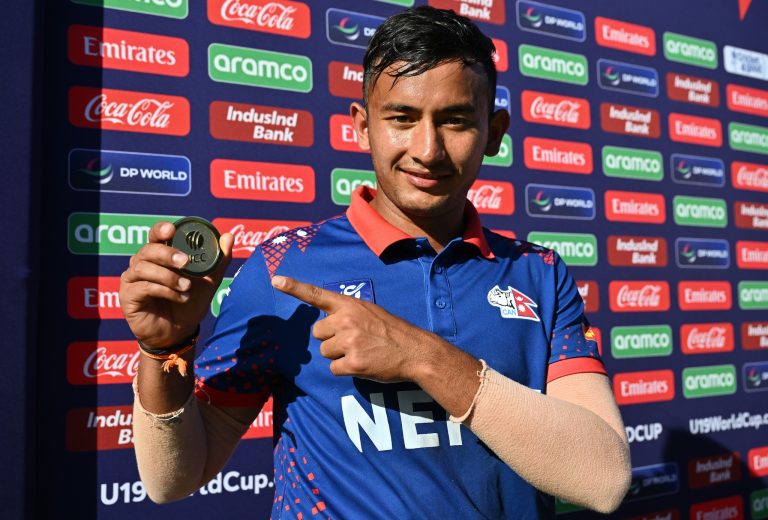 EAST LONDON, SOUTH AFRICA - JANUARY 26: Akash Chand of Nepal is presented with the Player Of The Match award after the team's victory during the ICC U19 Men's Cricket World Cup South Africa 2024 match between Afghanistan and Nepal at Buffalo Park on January 26, 2024 in East London, South Africa. (Photo by Johan Rynners-ICC/ICC via Getty Images)
