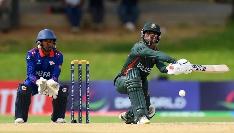 Ariful Islam plays a reverse sweep on his way to an unbeaten 59 off 38 balls, Bangladesh vs Nepal, Bloemfontein, Super Sixes, Under-19 Men's World Cup, January 31, 2024. Photo: ICC/Getty Images