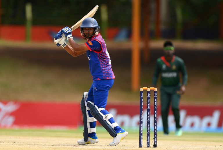 BLOEMFONTEIN, SOUTH AFRICA - JANUARY 31: Bipin Rawal of Nepal bats during the ICC U19 Men's Cricket World Cup South Africa 2024 Super Six match between Nepal and Bangladesh at Mangaung Oval on January 31, 2024 in Bloemfontein, South Africa. (Photo by Alex Davidson-ICC/ICC via Getty Images)