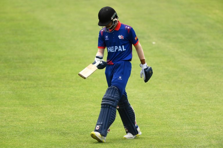 BLOEMFONTEIN, SOUTH AFRICA - JANUARY 31: Bishal Bikram KC of Nepal makes their way off after being dismissed during the ICC U19 Men's Cricket World Cup South Africa 2024 Super Six match between Nepal and Bangladesh at Mangaung Oval on January 31, 2024 in Bloemfontein, South Africa. (Photo by Alex Davidson-ICC/ICC via Getty Images)