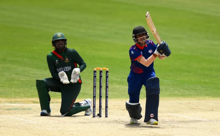 Bishal Bikram KC goes over the infield, Bangladesh vs Nepal, Under-19 World Cup Super Six, Bloemfontein, January 31, 2024. Photo: ICC/Getty Images