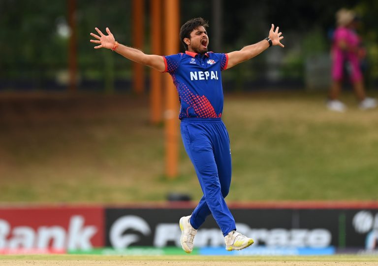 BLOEMFONTEIN, SOUTH AFRICA - FEBRUARY 02: Gulshan Kumar Jha of Nepal appeals unsuccessfully during the ICC U19 Men's Cricket World Cup South Africa 2024 Super Six match between India and Nepal at Mangaung Oval on February 02, 2024 in Bloemfontein, South Africa. (Photo by Alex Davidson-ICC/ICC via Getty Images)
