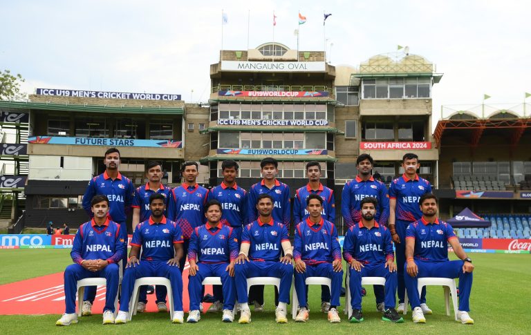 BLOEMFONTEIN, SOUTH AFRICA - FEBRUARY 02: Players of Nepal pose for a team photograph prior to the ICC U19 Men's Cricket World Cup South Africa 2024 Super Six match between India and Nepal at Mangaung Oval on February 02, 2024 in Bloemfontein, South Africa. (Photo by Alex Davidson-ICC/ICC via Getty Images)