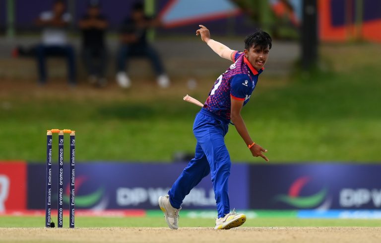 BLOEMFONTEIN, SOUTH AFRICA - JANUARY 31: Subhash Bhandari of Nepal bowls during the ICC U19 Men's Cricket World Cup South Africa 2024 Super Six match between Nepal and Bangladesh at Mangaung Oval on January 31, 2024 in Bloemfontein, South Africa. (Photo by Alex Davidson-ICC/ICC via Getty Images)