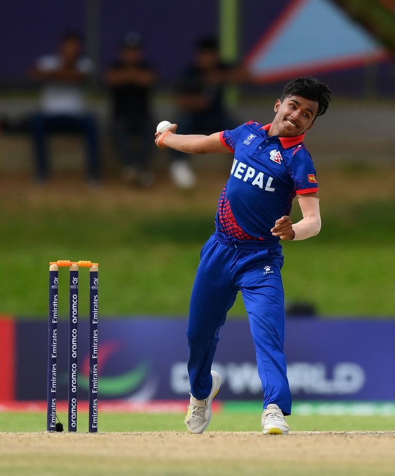 BLOEMFONTEIN, SOUTH AFRICA - JANUARY 31: Subhash Bhandari of Nepal bats during the ICC U19 Men's Cricket World Cup South Africa 2024 Super Six match between Nepal and Bangladesh at Mangaung Oval on January 31, 2024 in Bloemfontein, South Africa. (Photo by Alex Davidson-ICC/ICC via Getty Images)