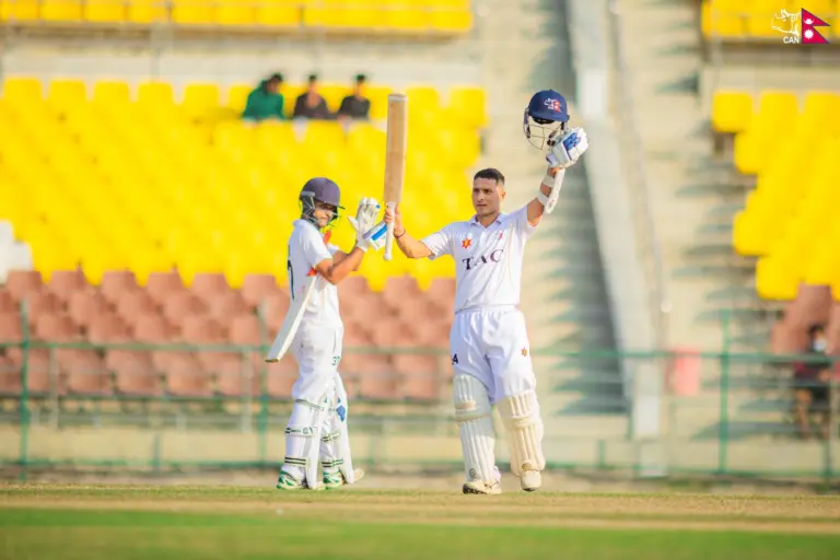 Bhim Sharki hit century against Nepal Police Club in Day 1 of Jay Trophy 2026. Photo: CAN