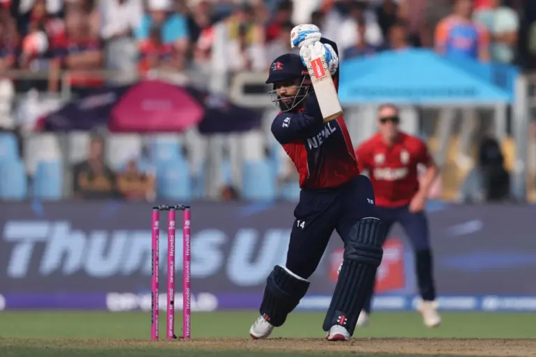 Kushal Bhurtel gave Nepal a flying start in the powerplay, England vs Nepal, T20 World Cup, Mumbai, February 8, 2026. Photo: ICC/Getty Images