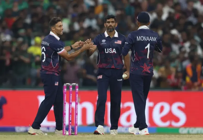 Saurabh Netravalkar picked up a wicket in the final over, Pakistan vs USA, Men's T20 World Cup, Colombo, February 10, 2026. Photo: ICC/Getty Images