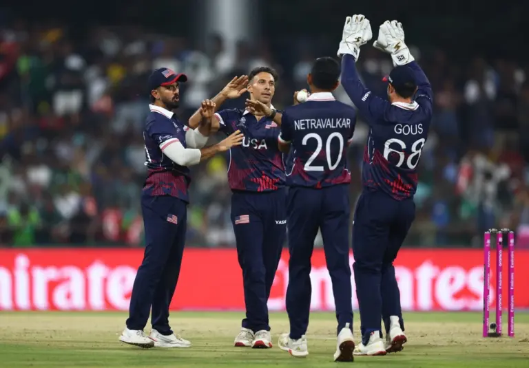 Shadley van Schalkwyk struck twice in the sixth over, Pakistan vs USA, Men's T20 World Cup, Colombo, February 10, 2026. Photo: ICC/Getty Images