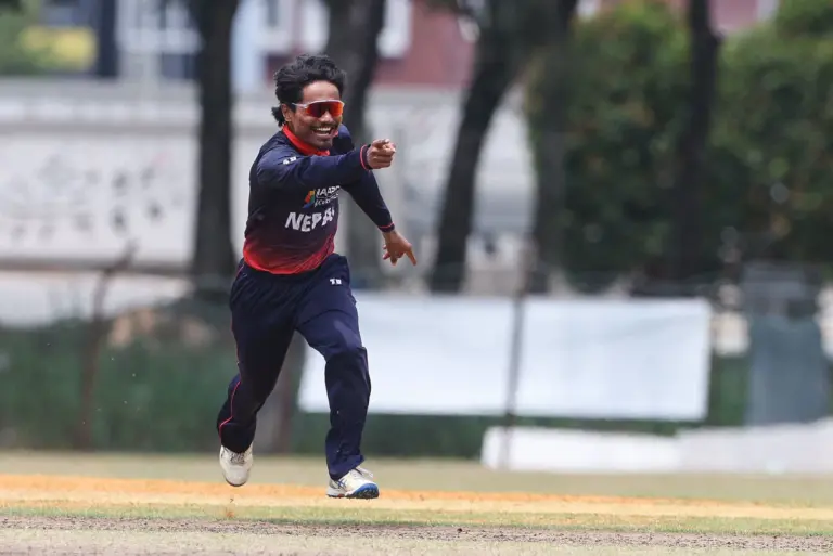 Rohit Paudel celebrating after taking wicket against UAE in the ACC Men's Premier Cup 2026 Final. Photo: Peter Lim/ACC