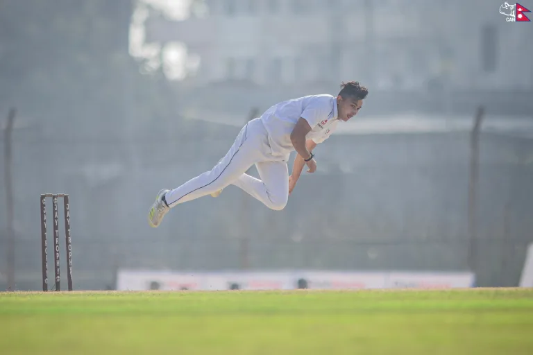 Aakash Chand flying while bowling