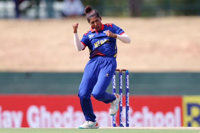Indu Barma of Nepal celebrates the wicket of Khushi Sharma of United Arab Emirates during the ACC Women's T20 Asia Cup 2024 match between UAE and Nepal at the Rangiri Dambulla International Cricket Stadium, Dambulla, Sri Lanka, on July 19, 2024.
Photo Credit : Deepak Malik / Asian Cricket Council / CREIMAS
RESTRICTED TO EDITORIAL USE