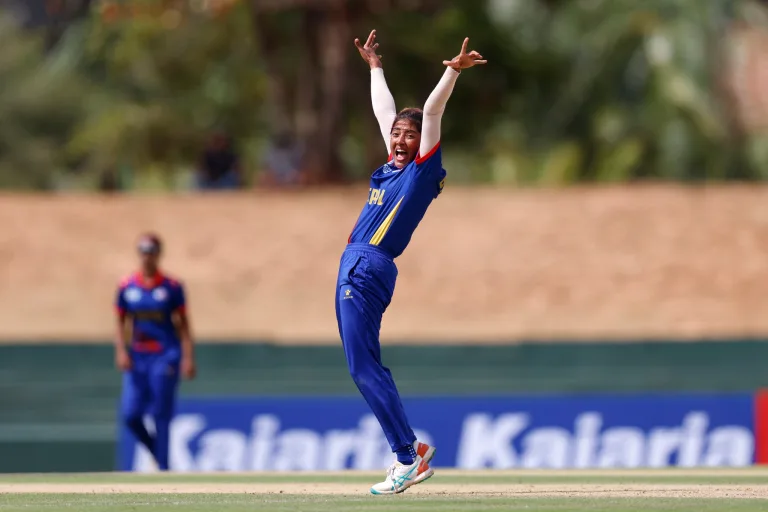 Indu Barma of Nepal celebrates the wicket of Samaira Dharnidharka of United Arab Emirates during the ACC Women's T20 Asia Cup 2024 match between UAE and Nepal at the Rangiri Dambulla International Cricket Stadium, Dambulla, Sri Lanka, on July 19, 2024.
Photo Credit : Deepak Malik / Asian Cricket Council / CREIMAS
RESTRICTED TO EDITORIAL USE
