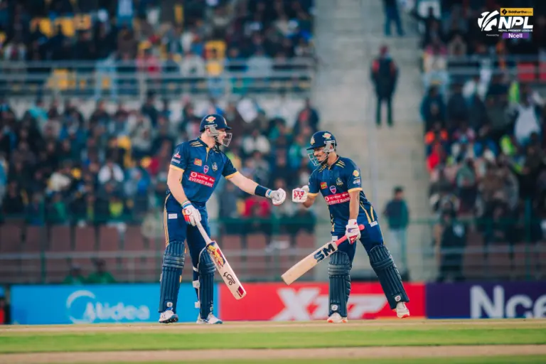 Lokesh Bam and Martin Guptill powered Biratnagar Kings to a record-breaking 220 against Pokhara Kings. Photo: NPL/CAN