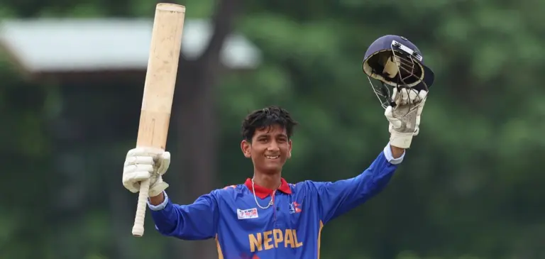 Prashiddha Jaishi, who crafted a fluent 132 from 114 balls to claim the Player of the Match honours. Photo: ACC