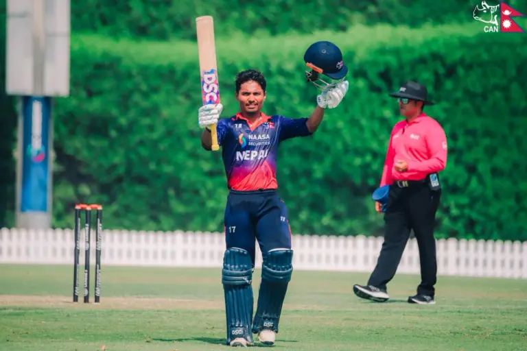 Rohit Paudel's brilliant 109 helped Nepal post 233 in Dubai. Photo: CAN