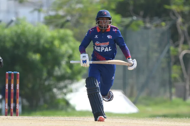 Sundeep Jora of Nepal runs during the ACC Men's Premier Cup 2024 3rd / 4th Place Play Off match between Nepal and Hong Kong, China held at the Al Amerat Cricket Ground Oman Cricket (Turf 1), Oman on April 20, 2024.
Photo by: Anshuman Akash / Creimas / Asian Cricket Council
RESTRICTED TO EDITORIAL USE