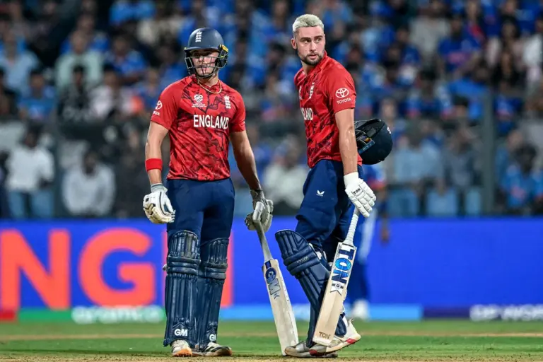 Jacob Bethell and Will Jacks put on a stand of 77 off 39 balls, India vs England, T20 World Cup semi-final, Mumbai, March 5, 2026. Photo: AFP/Getty Images
