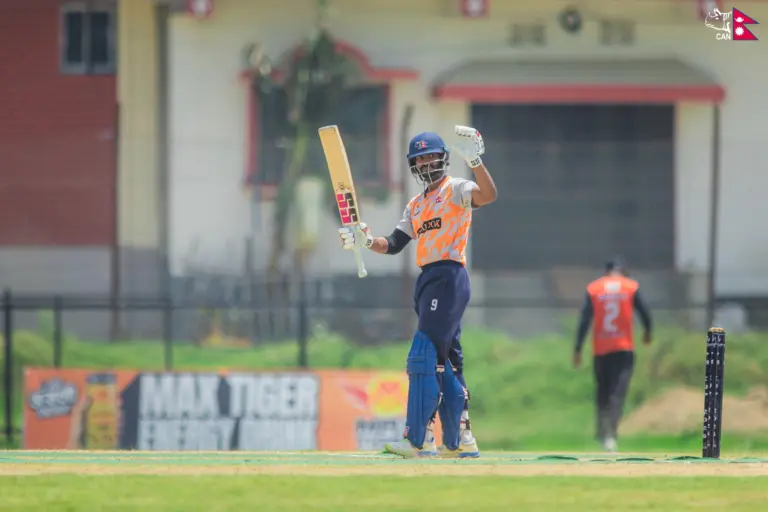 Aasif Sheikh celebrates after scoring a historic 208 for APF against Madhesh Province, the first double century in Nepal's domestic cricket.