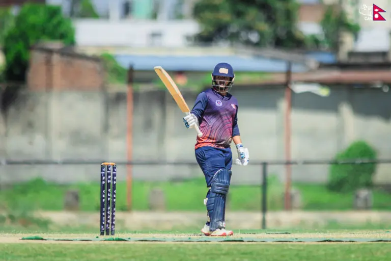 Dinesh Kharel held the innings for Nepal Police with 94 off 104 balls, hitting 10 fours and six sixes against Lumbini Province. Photo: CAN