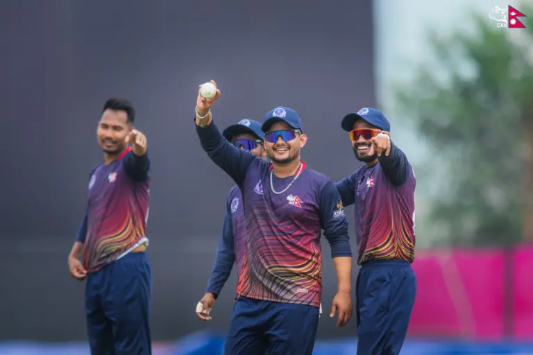 Dinesh Kharel was the standout with the ball, returning 5 for 21 against Koshi Province in PM Cup 2026. Photo: CAN 