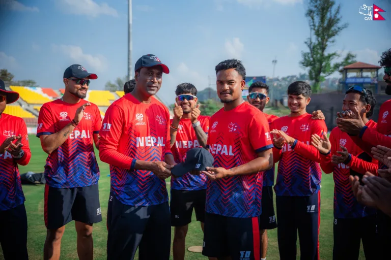 Hemant Dhami became Nepal men's 54th T20I player after making his debut against the UAE in Kirtipur. Photo: CAN