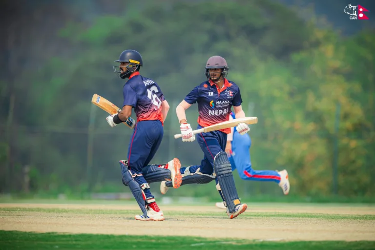 Anil Sah and Trit Das batting against Oman. Photo: CAN 
