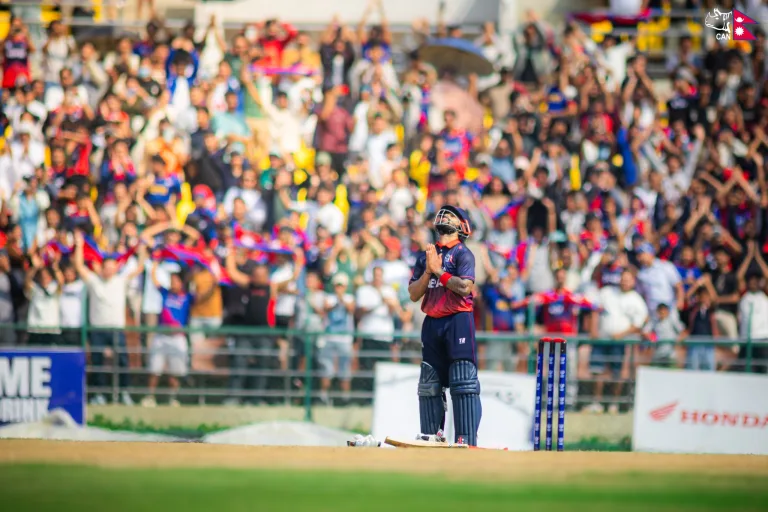 Kushal Bhurtel celebrates a match-winning unbeaten century as Nepal beat USA by nine wickets in Kirtipur. Photo: CAN