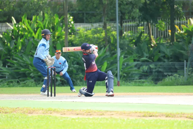 Kushal Bhurtel hit 16 sixes in his 129-run innings against China in Singapore.