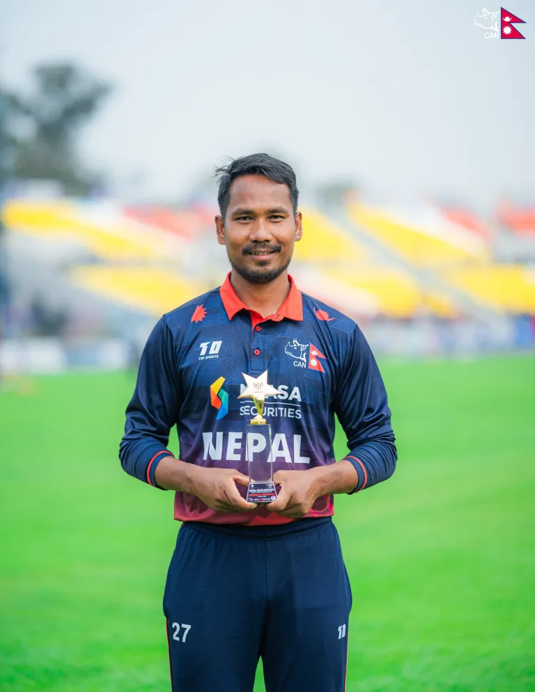 Lalit Rajbanshi was named player of the match after taking 4/32 in Nepal’s six-wicket win over Scotland. Photo: CAN