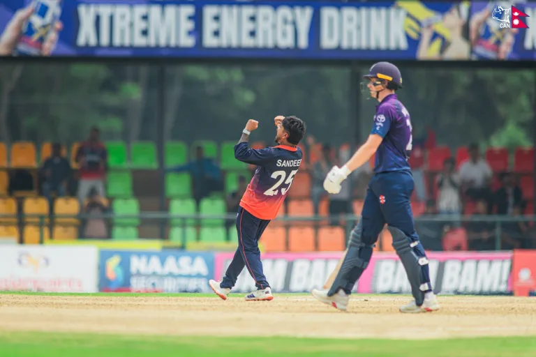 Sandeep Lamichhane became the fastest bowler to 150 ODI wickets, reaching the milestone in 73 matches and breaking Mitchell Starc’s record. Photo: CAN