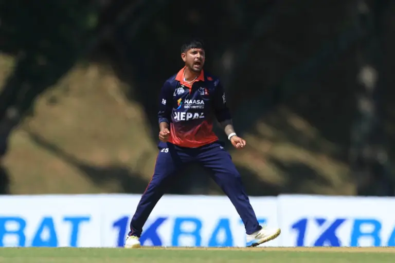 Nepal captain Sandeep Lamichhane claimed 5 for 14 from ten overs as Bahrain were dismissed for 87 in their ACC Men’s Premier Cup match. Photo by Peter Lim/ACC
